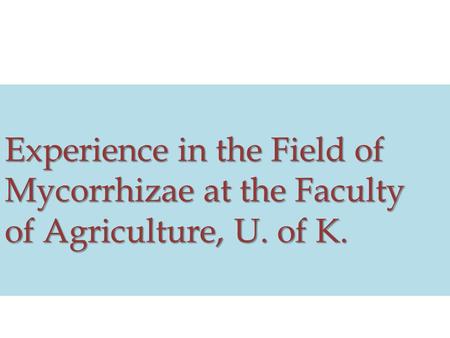 Experience in the Field of Mycorrhizae at the Faculty of Agriculture, U. of K.