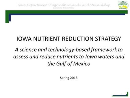 IOWA NUTRIENT REDUCTION STRATEGY A science and technology-based framework to assess and reduce nutrients to Iowa waters and the Gulf of Mexico Spring 2013.