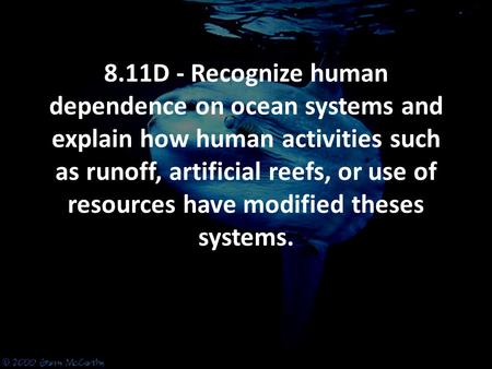 8.11D - Recognize human dependence on ocean systems and explain how human activities such as runoff, artificial reefs, or use of resources have modified.