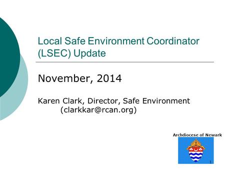 Archdiocese of Newark 1 Local Safe Environment Coordinator (LSEC) Update November, 2014 Karen Clark, Director, Safe Environment