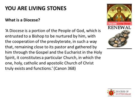 YOU ARE LIVING STONES What is a Diocese? ‘A Diocese is a portion of the People of God, which is entrusted to a Bishop to be nurtured by him, with the cooperation.