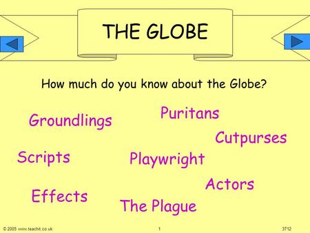 THE GLOBE © 2005 www.teachit.co.uk 13712 How much do you know about the Globe? Scripts Playwright Effects Puritans Actors Groundlings The Plague Cutpurses.