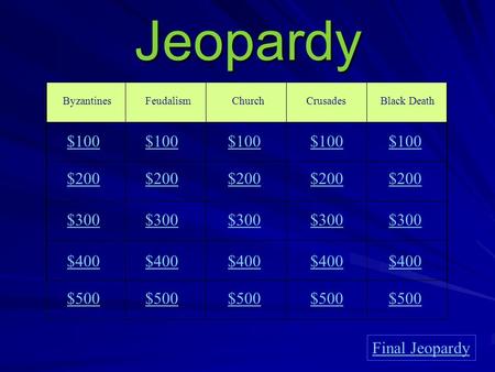 Jeopardy ByzantinesFeudalismChurchCrusades $100 $200 $300 $400 $500 $100 $200 $300 $400 $500 Final Jeopardy Black Death $100 $200 $300 $400 $500.