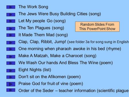 The Work Song The Jews Were Busy Building Cities (song) Let My people Go (song) The Ten Plagues (song) It Made Them Mad (song) Clap, Clap, Ribbit, Jump!