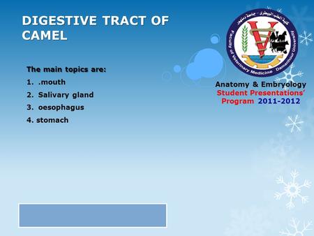 Anatomy & Embryology Student Presentations’ Program 2011-2012 DIGESTIVE TRACT OF CAMEL The main topics are: 1..mouth 2.Salivary gland 3.oesophagus 4. stomach.