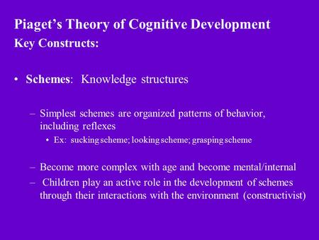 Piaget’s Theory of Cognitive Development Key Constructs: Schemes: Knowledge structures –Simplest schemes are organized patterns of behavior, including.