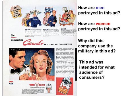 How are men portrayed in this ad? How are women portrayed in this ad? Why did this company use the military in this ad? This ad was intended for what audience.