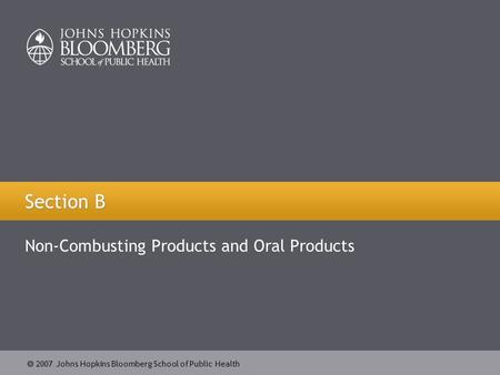  2007 Johns Hopkins Bloomberg School of Public Health Section B Non-Combusting Products and Oral Products.
