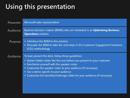 Presenter Microsoft sales representative Audience Business decision-makers (BDMs) who are interested in an Optimizing Business Operations solution Purpose.