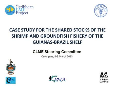 CASE STUDY FOR THE SHARED STOCKS OF THE SHRIMP AND GROUNDFISH FISHERY OF THE GUIANAS-BRAZIL SHELF CLME Steering Committee Cartagena, 4-6 March 2013.