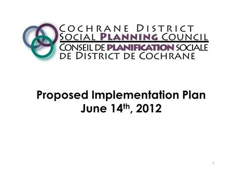 Proposed Implementation Plan June 14 th, 2012 1. Cochrane District Social Planning Council 2.