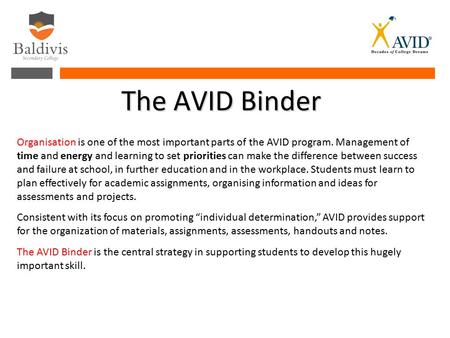 The AVID Binder Organisation is one of the most important parts of the AVID program. Management of time and energy and learning to set priorities can make.