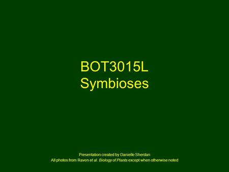 BOT3015L Symbioses Presentation created by Danielle Sherdan All photos from Raven et al. Biology of Plants except when otherwise noted.