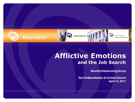 1 Afflictive Emotions and the Job Search Westford Networking Group Dan DeMaioNewton & Christal Dionne April 13, 2011.
