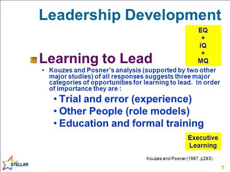 11 Leadership Development Learning to Lead Kouzes and Posner’s analysis (supported by two other major studies) of all responses suggests three major categories.