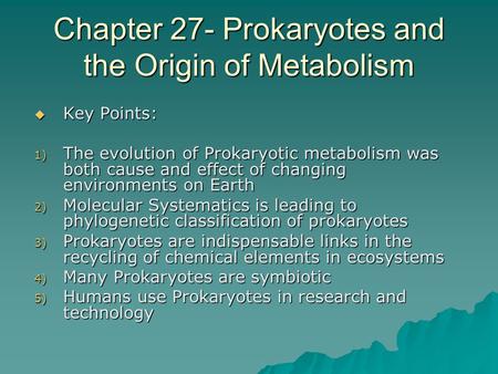 Chapter 27- Prokaryotes and the Origin of Metabolism  Key Points: 1) The evolution of Prokaryotic metabolism was both cause and effect of changing environments.