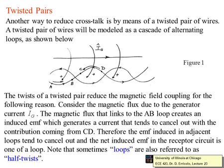Twisted Pairs Another way to reduce cross-talk is by means of a twisted pair of wires. A twisted pair of wires will be modeled as a cascade of alternating.