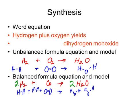 Synthesis Word equation Hydrogen plus oxygen yields dihydrogen monoxide Unbalanced formula equation and model Balanced formula equation and model.