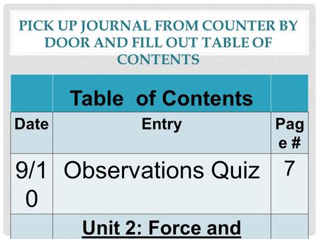 PICK UP JOURNAL FROM COUNTER BY DOOR AND FILL OUT TABLE OF CONTENTS Table of Contents DateEntryPag e # 9/1 0 Observations Quiz 7 Unit 2: Force and Motion.
