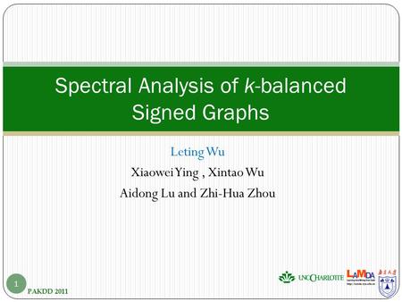 Leting Wu Xiaowei Ying, Xintao Wu Aidong Lu and Zhi-Hua Zhou PAKDD 2011 Spectral Analysis of k-balanced Signed Graphs 1.