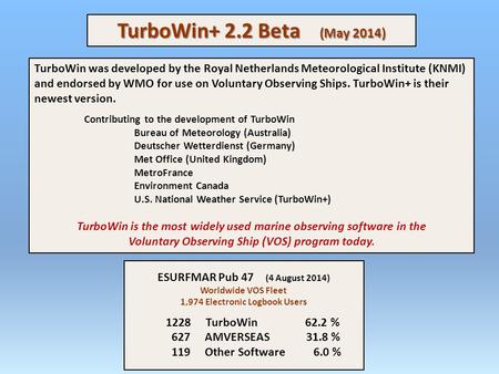 TurboWin+ 2.2 Beta (May 2014) TurboWin was developed by the Royal Netherlands Meteorological Institute (KNMI) and endorsed by WMO for use on Voluntary.
