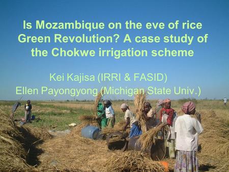 Is Mozambique on the eve of rice Green Revolution? A case study of the Chokwe irrigation scheme Kei Kajisa (IRRI & FASID) Ellen Payongyong (Michigan State.