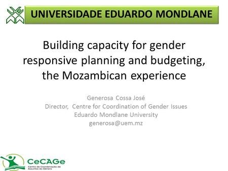 Building capacity for gender responsive planning and budgeting, the Mozambican experience Generosa Cossa José Director, Centre for Coordination of Gender.