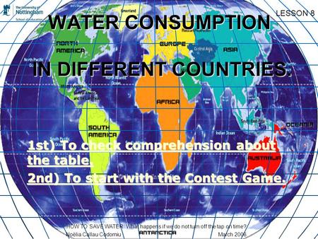 WATER CONSUMPTION IN DIFFERENT COUNTRIES. 1st) To check comprehension about the table. 1st) To check comprehension about the table. 2nd) To start with.
