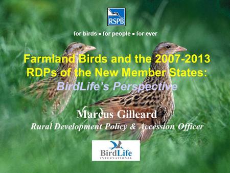 Farmland Birds and the 2007-2013 RDPs of the New Member States: BirdLife’s Perspective Marcus Gilleard Rural Development Policy & Accession Officer for.
