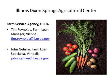 Illinois Dixon Springs Agricultural Center Farm Service Agency, USDA Tim Reynolds, Farm Loan Manager, Vienna