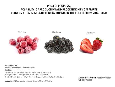 PROJECT PROPOSAL POSSIBILITY OF PRODUCTION AND PROCESSING OF SOFT FRUITS ORGANIZATION IN AREA OF CENTRAL BOSNIA IN THE PERIOD FROM 2014 - 2020 Capacity: