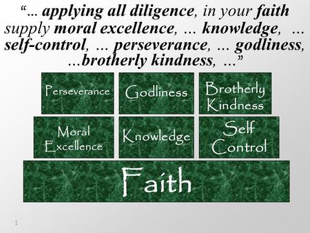 1 Faith Moral Excellence Knowledge Self Control Perseverance Godliness Brotherly Kindness “… applying all diligence, in your faith supply moral excellence,