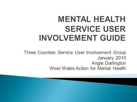 Three Counties Service User Involvement Group January 2010 Angie Darlington West Wales Action for Mental Health.