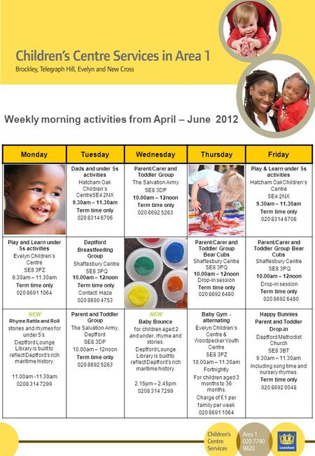 Weekly morning activities from April – June 2012 MondayTuesdayWednesdayThursdayFriday Dads and under 5s activities Hatcham Oak Children’s CentreSE4 2NX.