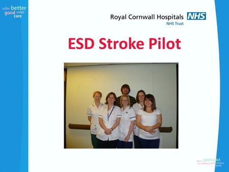 ESD Stroke Pilot. Pilot Based on retrospective audit and budget of £75,000. Clinical Leads OT and Physio from RCH Acute Stroke Unit developing and leading.