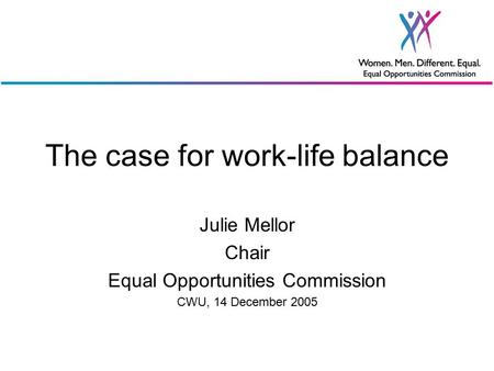 The case for work-life balance Julie Mellor Chair Equal Opportunities Commission CWU, 14 December 2005.