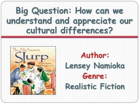 Big Question: How can we understand and appreciate our cultural differences? Author: Lensey Namioka Genre: Realistic Fiction.