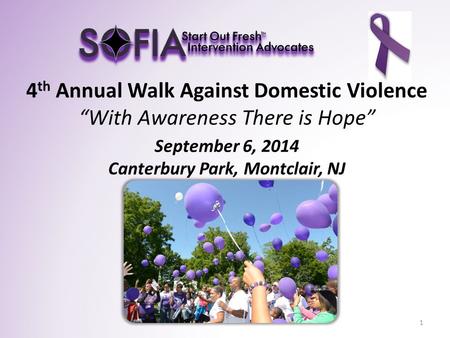 4 th Annual Walk Against Domestic Violence “With Awareness There is Hope” September 6, 2014 Canterbury Park, Montclair, NJ 1.