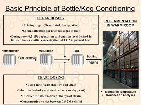Basic Principle of Bottle/Keg Conditioning SUGAR DOSING  Priming sugar (Granulated, Syrup, Wort)  Special attention for residual sugar in beer  Dosing.