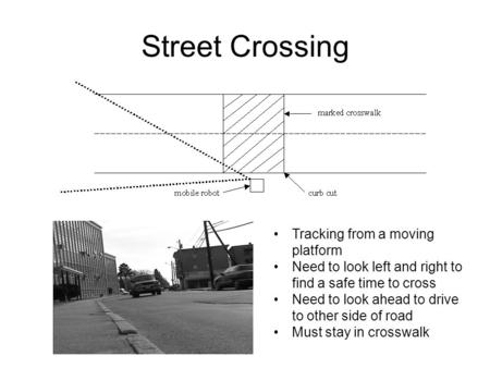 Street Crossing Tracking from a moving platform Need to look left and right to find a safe time to cross Need to look ahead to drive to other side of road.