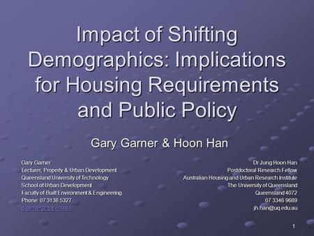 1 Impact of Shifting Demographics: Implications for Housing Requirements and Public Policy Gary Garner & Hoon Han Gary Garner Lecturer, Property & Urban.