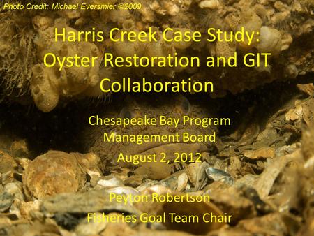 Harris Creek Case Study: Oyster Restoration and GIT Collaboration Chesapeake Bay Program Management Board August 2, 2012 Peyton Robertson Fisheries Goal.