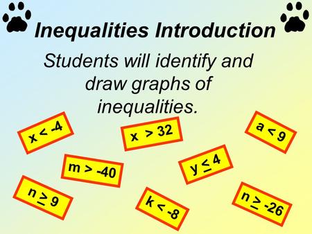 Inequalities Introduction Students will identify and draw graphs of inequalities. x < -4 a < 9 n > 9 y < 4 x > 32 m > -40 k < -8 n > -26.