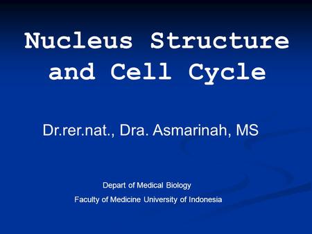 Nucleus Structure and Cell Cycle Dr.rer.nat., Dra. Asmarinah, MS Depart of Medical Biology Faculty of Medicine University of Indonesia.