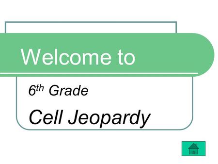 Welcome to 6 th Grade Cell Jeopardy. $100 $200 $300 $400 $100 $200 $300 $400 Cells, Cells They’re Made Of Organelles Organisms Cell Cycle.