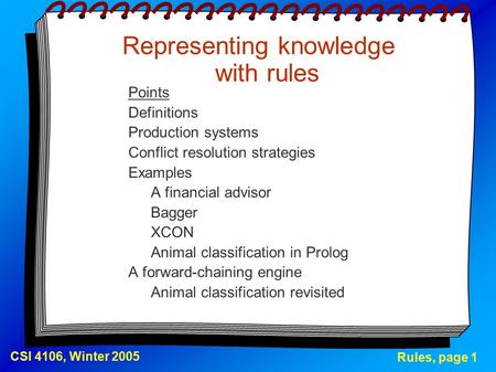 Rules, page 1 CSI 4106, Winter 2005 Representing knowledge with rules Points Definitions Production systems Conflict resolution strategies Examples A financial.