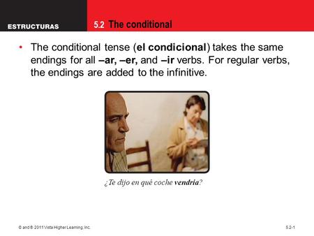09/28/09 The conditional tense (el condicional) takes the same endings for all –ar, –er, and –ir verbs. For regular verbs, the endings are added to the.
