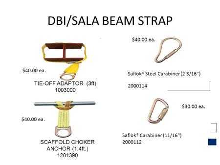 DBI/SALA BEAM STRAP TIE-OFF ADAPTOR (3ft) 1003000 SCAFFOLD CHOKER ANCHOR (1.4ft.) 1201390 Saflok® Steel Carabiner (2 3/16) 2000114 Saflok® Carabiner (11/16)
