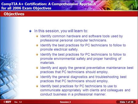 Installing Windows XP Professional Using Attended Installation Slide 1 of 38Session 3 Ver. 1.0 CompTIA A+ Certification: A Comprehensive Approach for all.