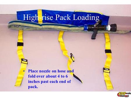 Place nozzle on hose and fold over about 4 to 6 inches past each end of pack. High-rise Pack Loading.